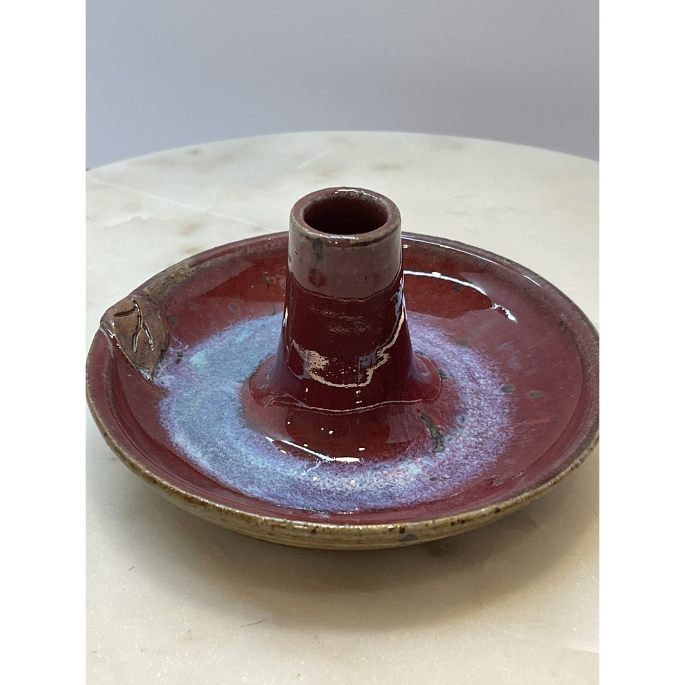 Vintage Studio Pottery Artist Signed Glazed Chamberstick‎ Candle Holder 5" W